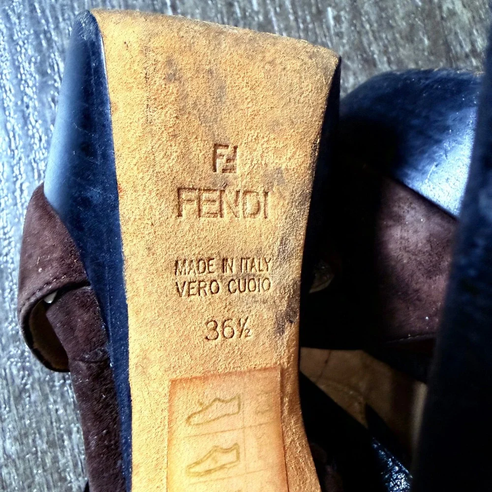 Fendi Platform Heels Womens 36.5 Brown Suede Black Leather Peep Toe Cutout Italy